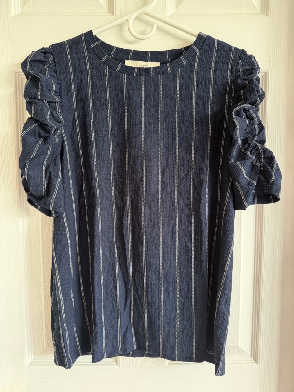 NWT LOFT Navy and White Striped Puff Sleeve Top
